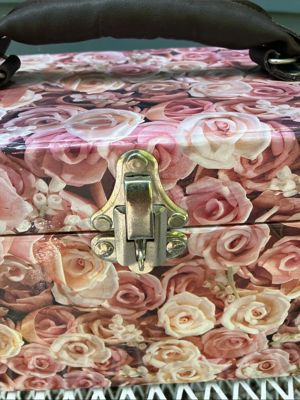 Pink Flowered Laminate Storage Box With Handle & Feet